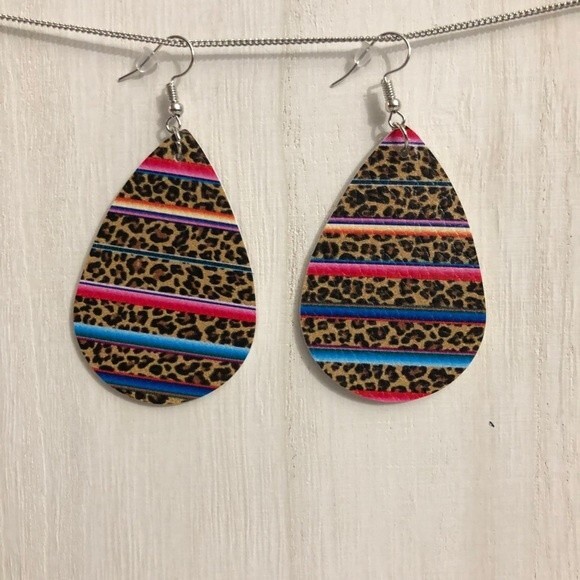 Striped Leopard Print PU Leather Teardrop Earrings - Picture 1 of 5